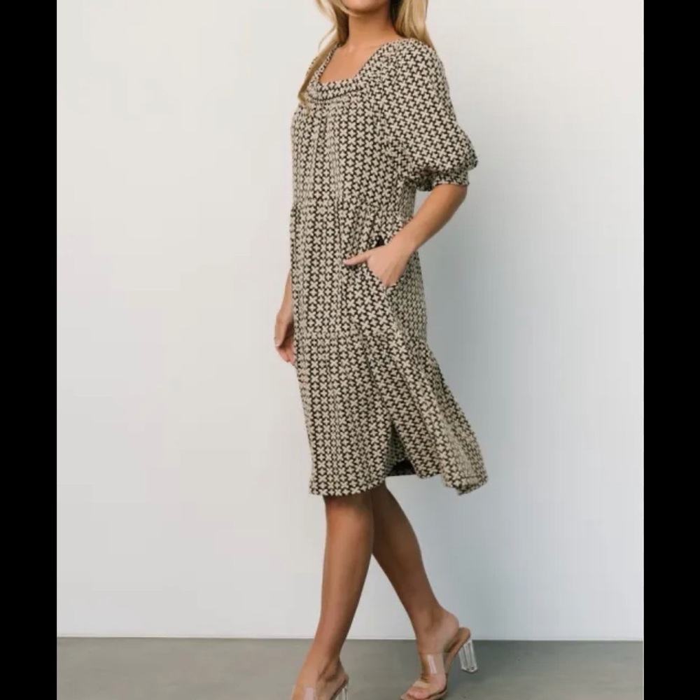 Baltic Born Black and Cream Printed Tiered Midi Dress